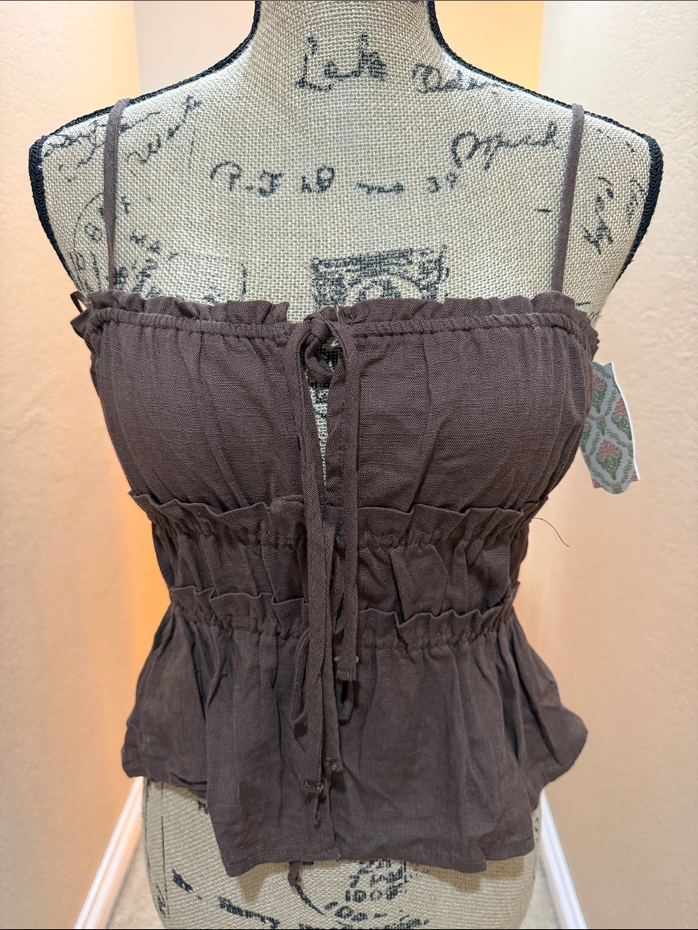 Brown Smocked Tie-Front Cami Tank Top